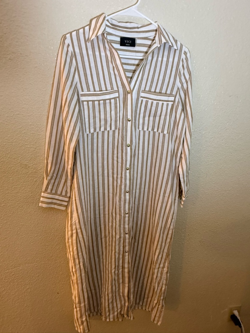 Vici Cream and Tan Striped Button-Front Midi Dress - Picture 3 of 8